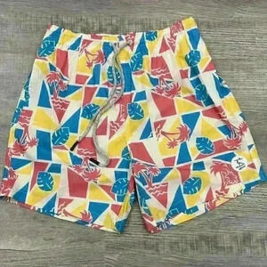 Uzzi Beach Men’s Short M Neon Yellow Blue Pink Palm Trees Mesh Lined Trunks -EUC